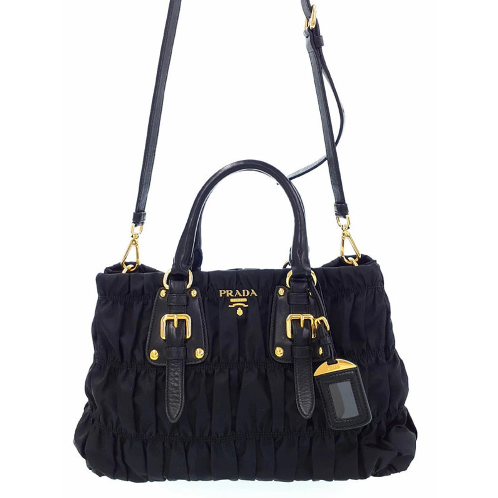 Prada Tessuto Gaufre 2way handbag black ruching Black